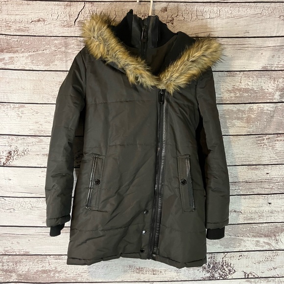 Noize Vegan Faux Fur Trim Mid Length Coat in Black - Picture 1 of 12